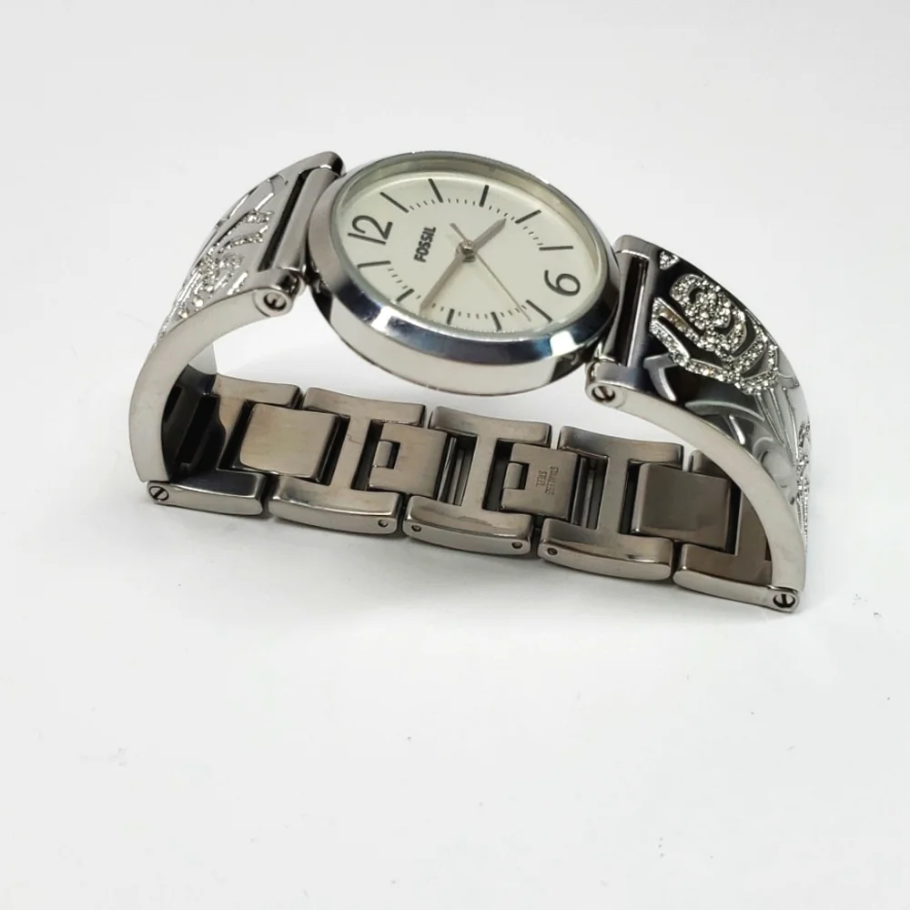 Fossil Blue ES2763 Silver Steel Bangle Floral Pave Wristband White Face